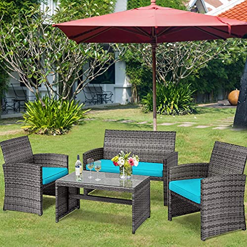 DORTALA 4 Piece Patio Furniture Set, Outdoor Wicker Conversation Set with Soft Cushions & Tempered Glass Coffee Table, Rattan Patio Sofa Bistro Sets for Courtyard Balcony, Turquoise