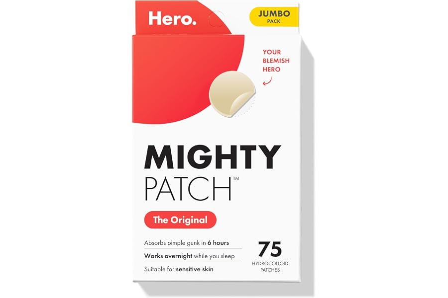Mighty Patch Hero Cosmetics Original Nighttime Acne Pimple Patches, 75 Ct | #1 Hydrocolloid Acne Patches, Shrinks Zits & Whit