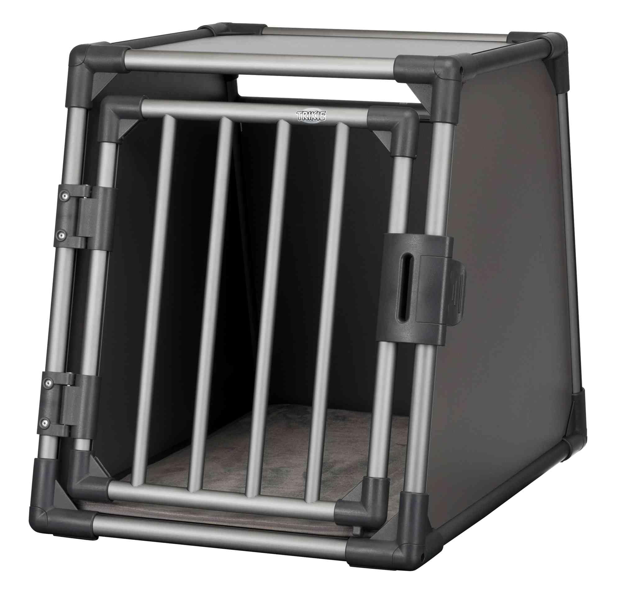 TRIXIE aluminium dog transport crate in graphite – size S: 19 × 22 × 24 in, sturdy and low-noise dog crate with slanted sides, safety lock and non-slip lying mat – 39336