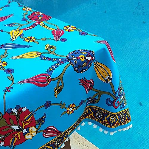 Square Blue Iznik Floral Tile Print Turkish Ottoman Cotton Tablecloth White Pom-Poms