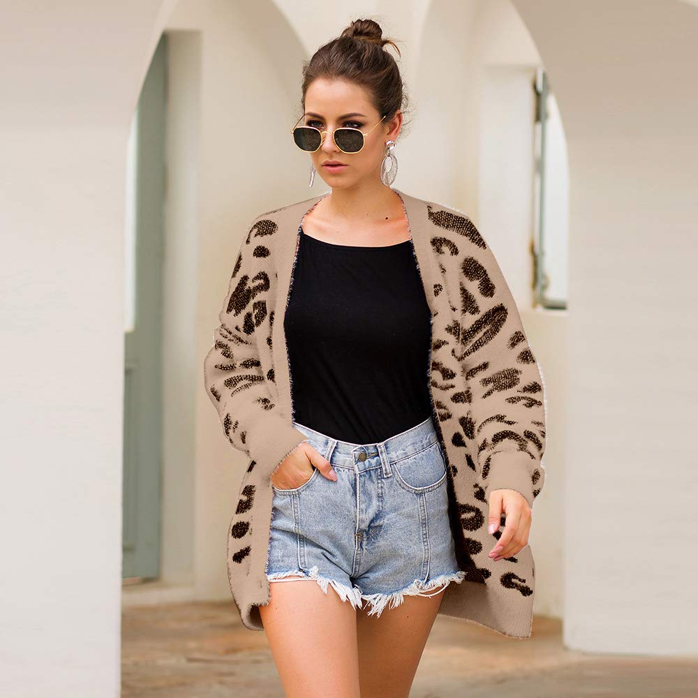 Women Cardigan Leopard Fashion Print Button Down Long Sleeve Soft Loose Knit Sweater Coat Fall Winter Outwear (M, Khaki)
