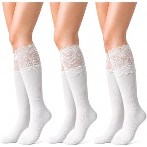 Jeasona 3 Pairs Womens Girls Knee High Socks, White Boot Socks