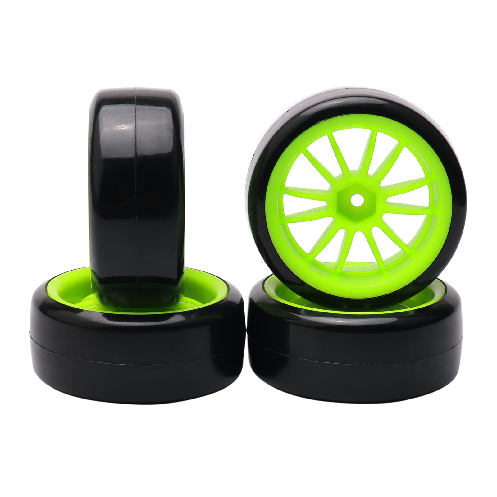 Pxyelec 4 pcs 12 Spoke Green Wheel Rim Tyre Tires for RC 1/10 Drift Car