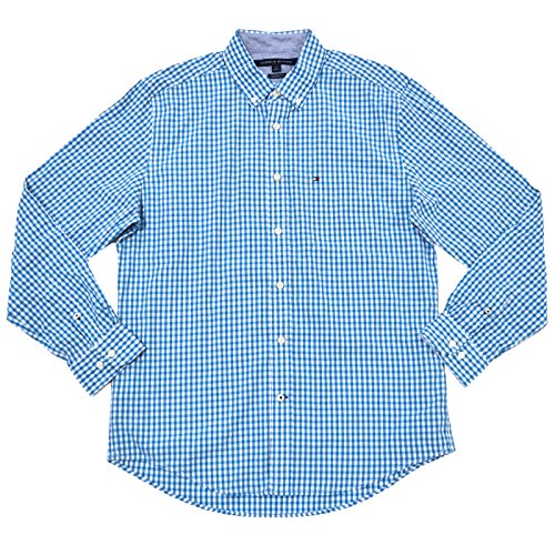 Tommy Hilfiger Mens Classic Fit Long Sleeve Gingham Buttondown (Large, Light Blue)