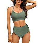 GVAOO Women's High Waisted Bikini Sets Sporty Scoop Neck Cross Back Bathing Suit Two Piece Swimsuits for Women