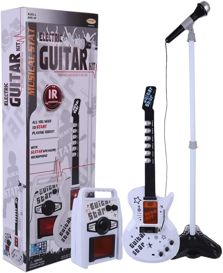 Amazon Co Jp ギター 子供のエレクトリックギター楽器セット イラストのあるキッズ赤外線電子音楽玩具 スタンドとサウンドを持つカラオケマシン ホーム キッチン