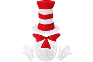 OFIHIDO 5 Pcs Cat Hat Costume Accessories,Red White Striped Cat Hats/Red Bow/White Furry/White Gloves,Halloween Costume Cosplay