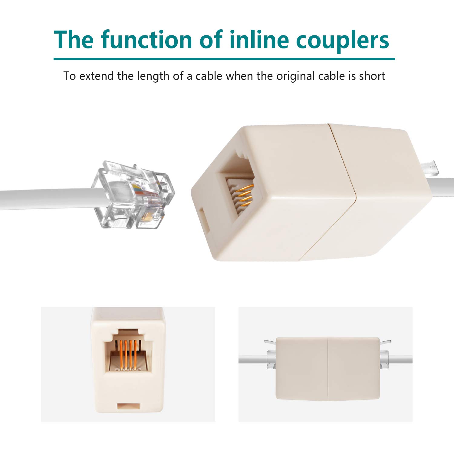Phone extension Cord 25 Ft, Telephone Cable with Standard RJ11 Plug and 1 in-Line Couplers and 20 Cable Clip Holders, White