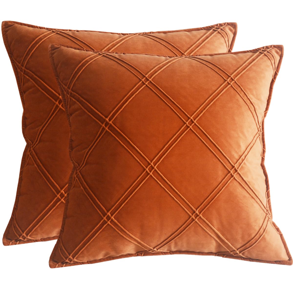 Lutanky Orange Velvet Cushion Covers 18x18inch Decorative Square Throw Pillow Covers Checked Design Elegant Pillowcases for Sofa Bed Living Room 45x45cm Set of 2