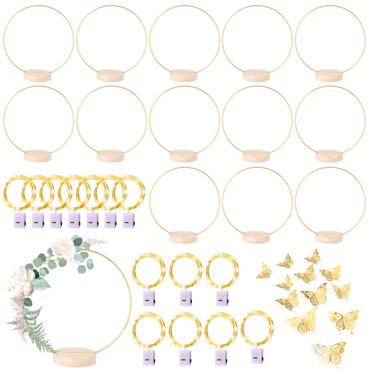 Photo 1 of 10 Pack Floral Hoop with Stand and LED Fairy Lights 10 inch Metal Rings for DIY Centerpiece Table Decorations Crafts Macrame Rings Hoop Wreath Dream Catcher Rings Wedding Christmas Wreaths, Gold