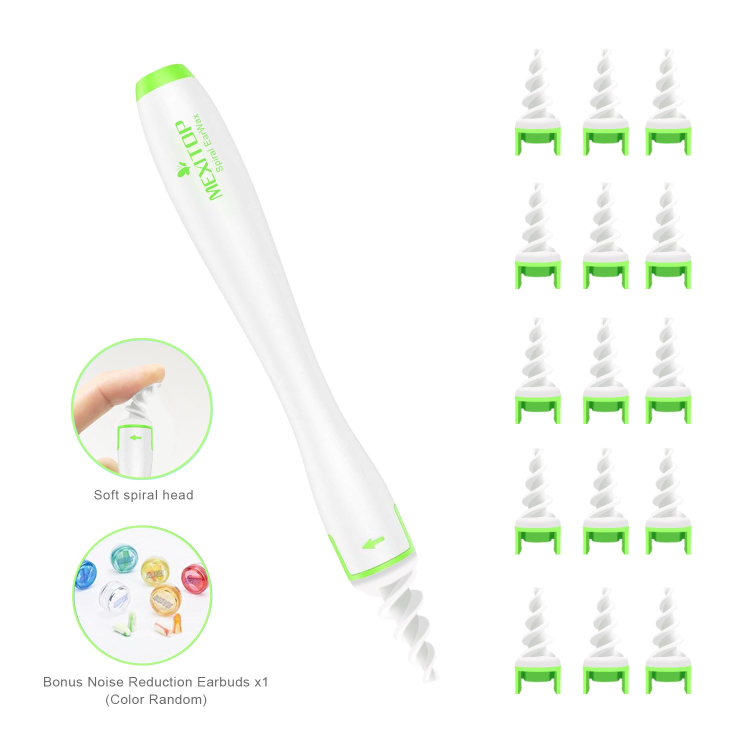Ear Wax Cleaner - MEXITOP 16 New-Designed Replacement Tips, Ear Pick Spiral Improves the Effect of Ear Wax Removal Drop + Bonus Noise Canceling Ear Plugs, Green (Upgraded Version)