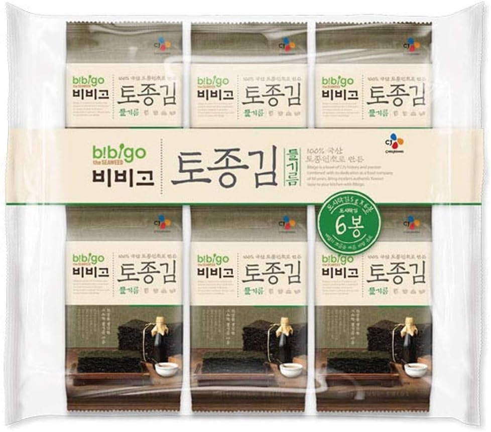 Cj Bibigo, Korean Seaweed (Nori) Snack roasted with sesame oil 5gram x 6 (300gram,10.6oz) 비비고 토종김 들기름