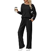Ekouaer Lounge Sets for Women Comfy Ribbed Knit Pajamas Fall Long Sleeve Sleepwear 2 Piece Casual Loungewear,S-XXL