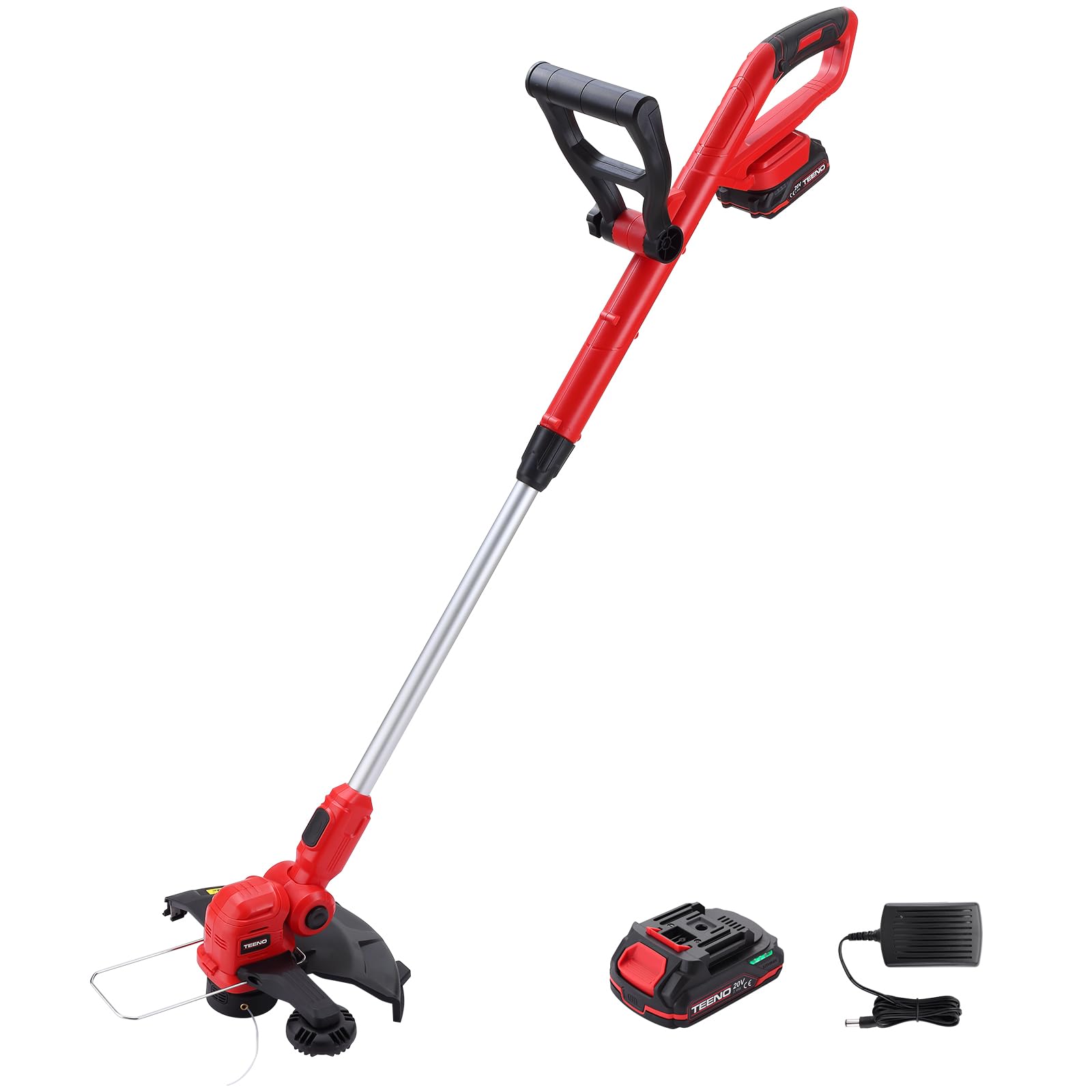 Teeno Coupe-Bordures Rotofil Sans Fil 20V,30 Cm, Coupe-Herbe Sans Fil 1X 2 Ah Batterie, Coupe Bordures, Chargeur Rapide Inclus, Manche Télescopique, Poignée Réglable