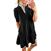 Dokotoo Women's Casual Stand Collar Tiered Babydoll Dress Short Sleeve Tunic Shift Dress with Pockets