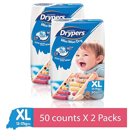 Drypers Wee Wee Dry X Large Sized Diapers, Combo Pack of 2, 50 Counts Each (100 Counts)(Taped Diaper)