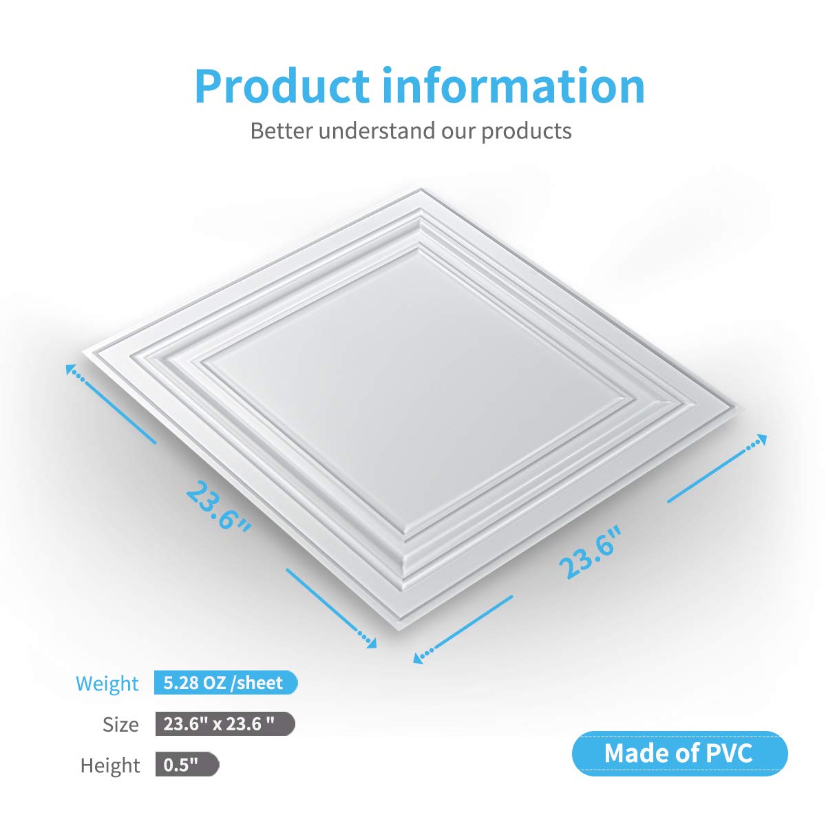 Art3d PVC Ceiling Tiles, 2'x2' Plastic Sheet in White (48-Pack)