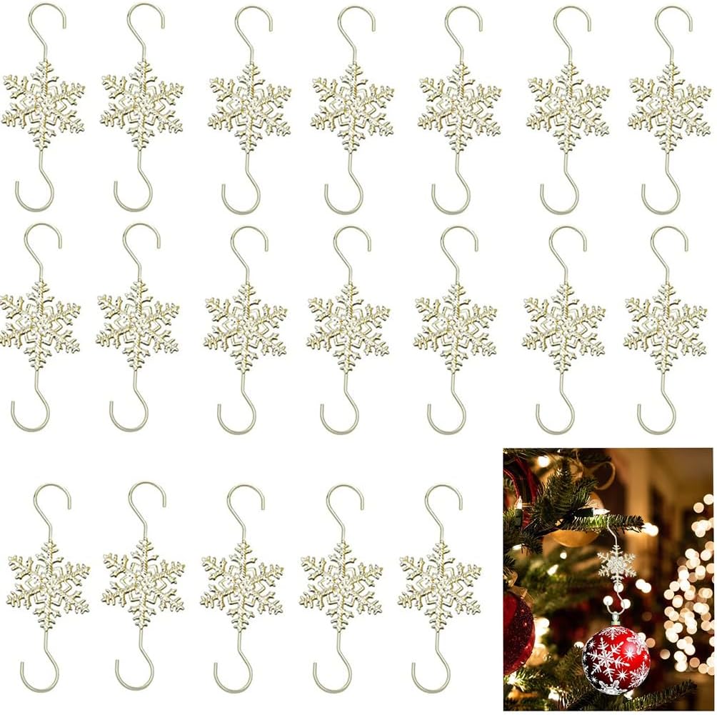 Ornament Hooks - Ornament Hooks for Hanging Christmas Decorations, 20 PCS Gold Snowflake S-shaped hangers Hook Swirl Christmas Tree Hanger Metal Hooks with Crystal Beaded for Xmas Christmas Tree for Small Ornaments