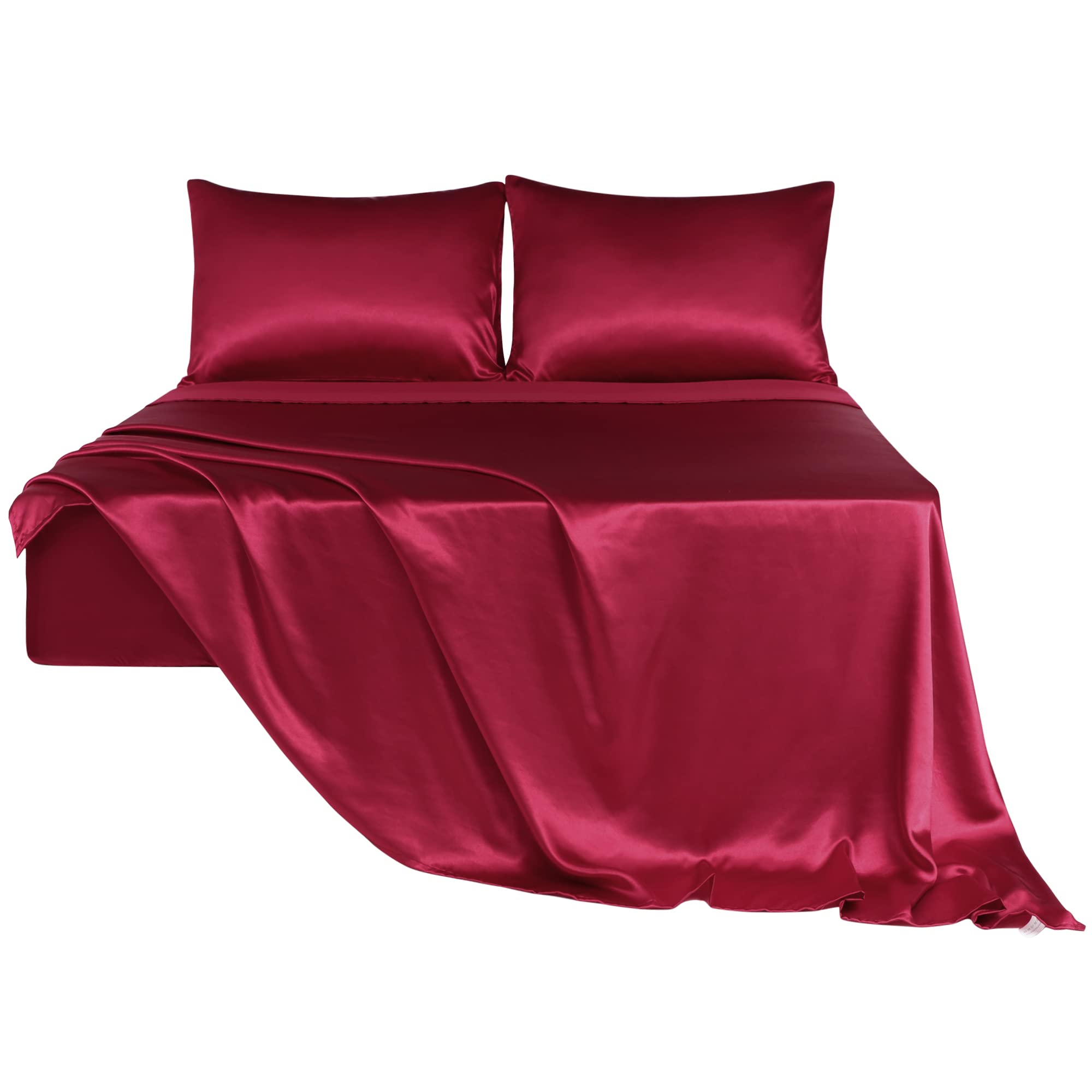 PiccoCasa 4 Piece Sheet Set Super King Size, Silky Satin Bedding - Fitted Sheet, Flat Sheet, 2 Pillowcases (Duvet Cover Not Included) Burgundy