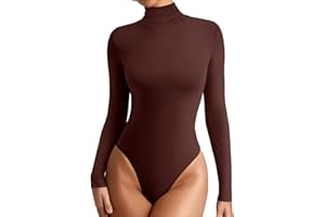 REORIA Women's Basic Long Sleeve Ribbed Turtleneck Leotard Stretchy Bodysuit Tops Jumpsuits