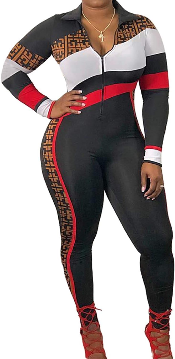 Womens Long Sleeve Solid Zipper Bodycon Jumpsuit One Piece Outfits Jogging Suit