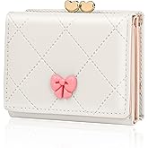 Denovin Wallet Women, Cute Small Coquette Bow Trifold Wallets Woman, Heart Shape Kiss-lock Business Credit Card Coin Holder Purse Pocket for Cash Key Change (Cream)