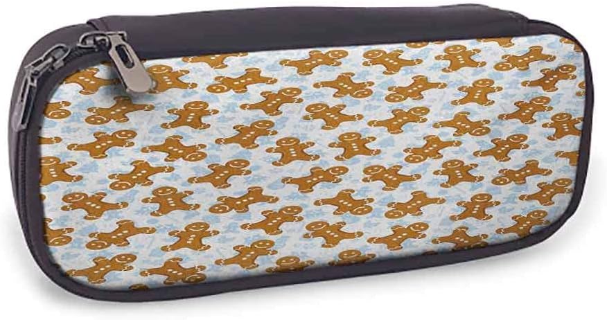 Multi-Functional Pencil Bag Gingerbread Man Unique Design Traditional Christmas Icons Cookie Pattern Festive Tile，3.5 x 8 x 1.5 Inches Pale Caramel Baby Blue White