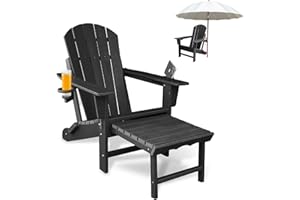 CLOUDEEP Folding Adirondack Chair with Ottoman, HDPE All-Weather Adirondack Chair with 2 Cup Holders and Wood Texture Design, Outdoor Chairs for Pool, Garden, Porch, Lawn, Black