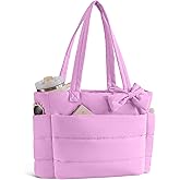 Puffer Tote Bag for Women, Quilted Bow Tote Bag with Cup Holder & 15.6 In Laptop Compartment for Work, Travel, Gym, College