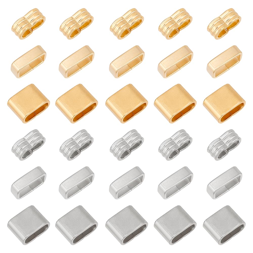 UNICRAFTALE About 36 pcs 2 Colors 3 Style Stainless Steel Rectangle Slide Charms Large Hole Leather Cord Slider Loose Beads Wristband Locking Clips Beads Link Connector for Bracelets Jewerly Making