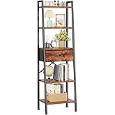 Furologee 5 Tier Ladder Shelf, Tall and Narrow Bookshelf with Drawer,Standing Bookcase Units, Industrial Open Display Shelves Organizer for Bathroom,Kitchen,Bedroom,Living Room,Rustic Brown