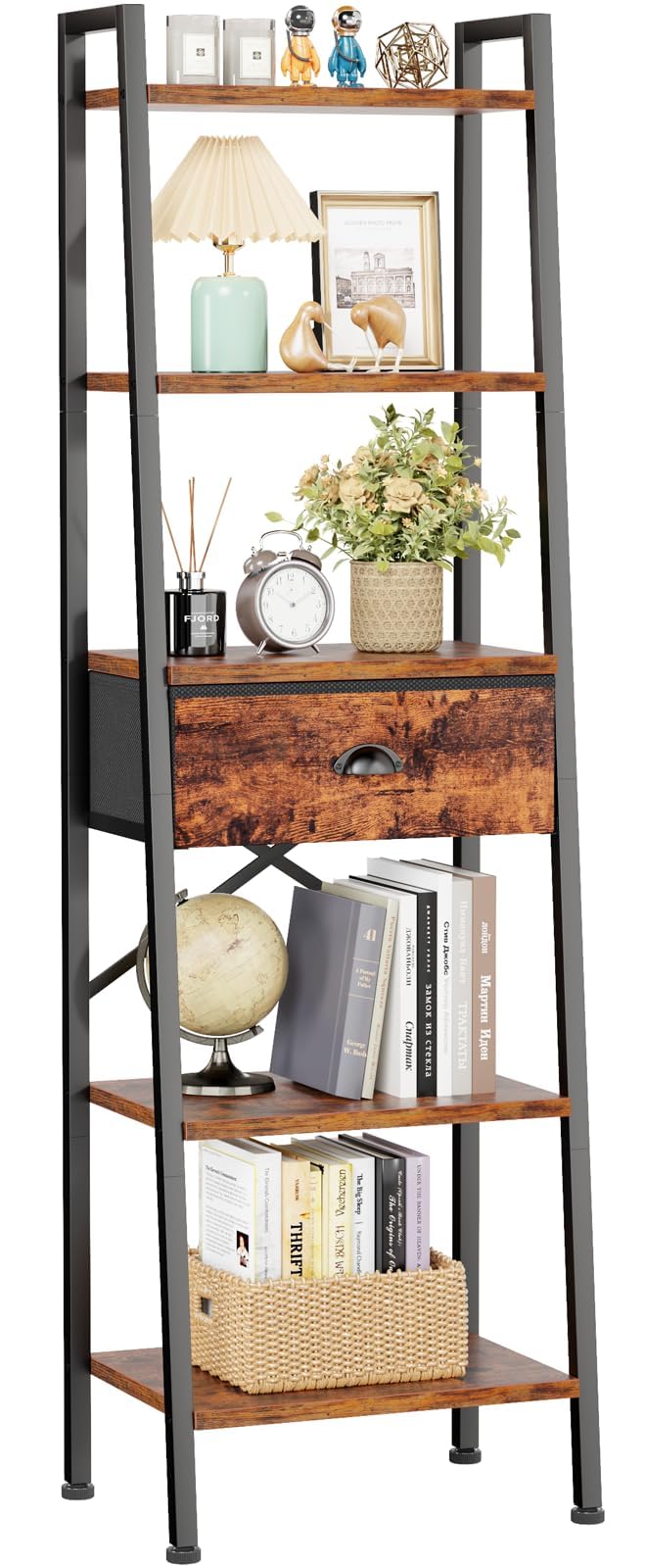 Photo 1 of Furologee 5 Tier Ladder Shelf, Tall and Narrow Bookshelf with Drawer,Standing Bookcase Units, Industrial Open Display Shelves Organizer for Bathroom,Kitchen,Bedroom,Living Room,Rustic Brown