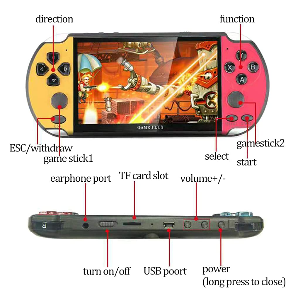 songlan-X7Plus 5.1 inch Built-in 10500+ Free Games GBC/GBA/FC/MD/Arcade, Dual Joystick Portable Handheld Game Console, 8GB RAM, MP3, MP4, MP5, Movie/Video/Music/Gamer Birthday Gift（Yellow&Red）