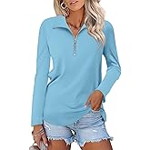 TICTICMISS Women's Long Sleeve Shirts Quarter Zip Pullover Collared V Neck Tops Fall Blouses