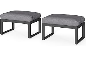 RoyalCraft 2 Pieces Aluminum Outdoor Patio Ottoman Set, Outdoor Foot Stools with Thick Cushion, Small Seat Furniture for Porch Balcony Backyard, Grey
