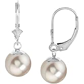THE PEARL SOURCE Sterling Silver Round Genuine White Akoya Cultured Pearl Leverback Earrings for Women