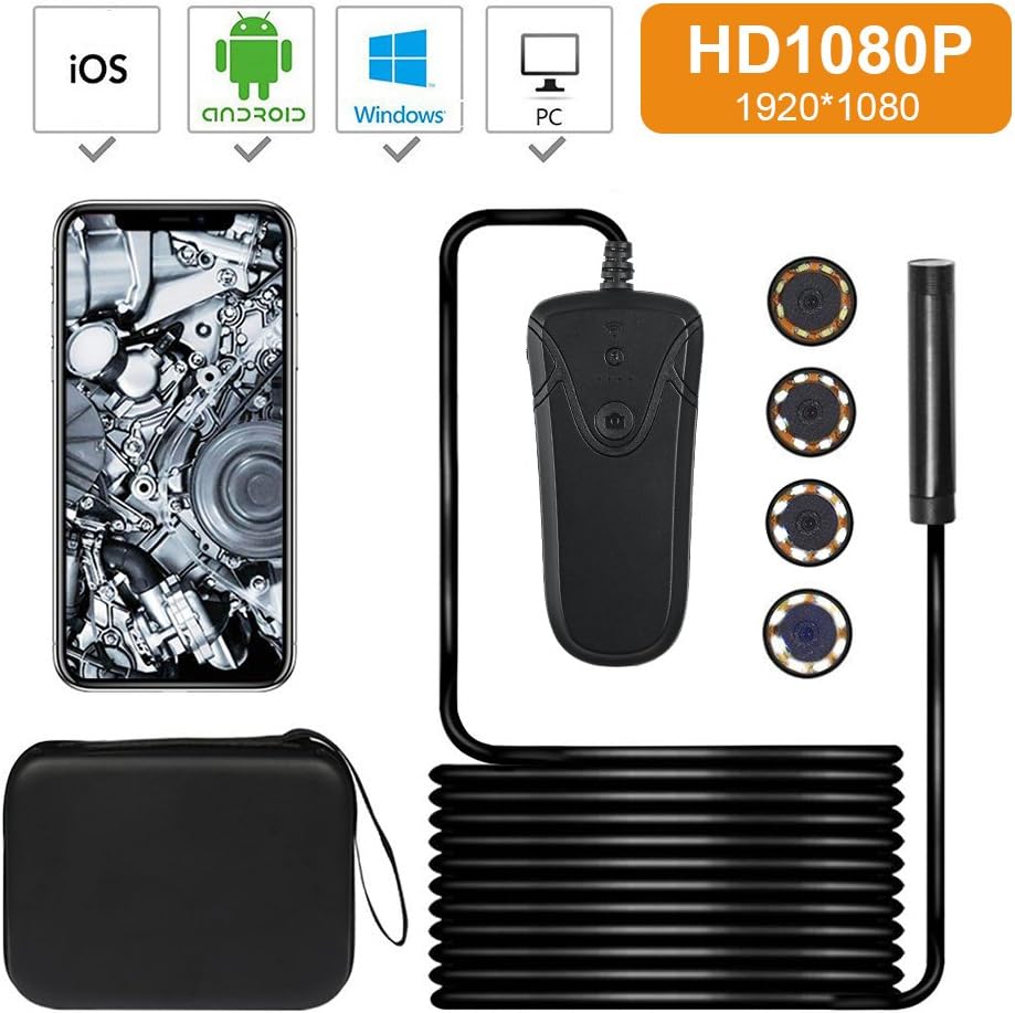 Wireless, IPX8 Level Industrial Endoscope Inspection 2MP 1080P lens with 8 LED Lights 5 m Rigid Cable with Handle, iOS and Andriod Supports