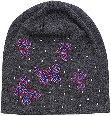 Hiloving Rhinestone Butterfly Cotton Oversized Skullies &amp; Beanies Hats For Women (Dark Grey)