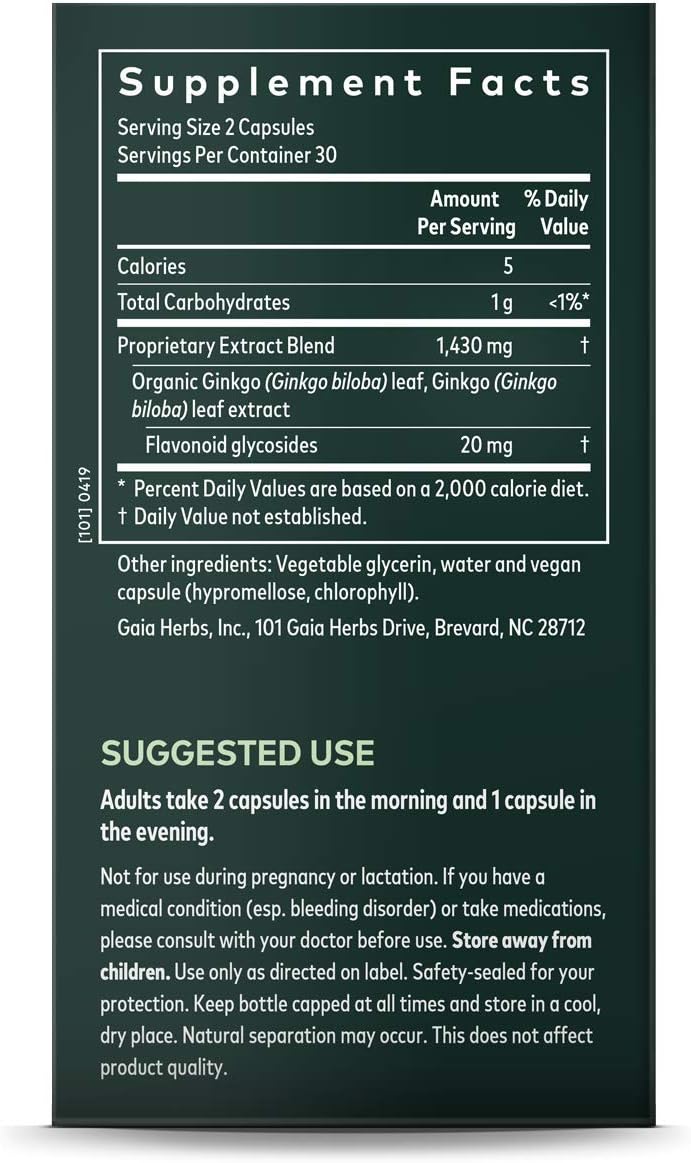 Gaia Herbs Ginkgo Leaf, Vegan Liquid Capsules, 60 Count - Daily Brain Health and Mental Focus Supplement with Antioxidants, Organic Ginkgo Biloba 1380mg Per Serving: Health & Personal Care