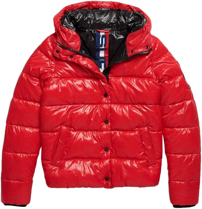 high shine puffer jacket with fur hood