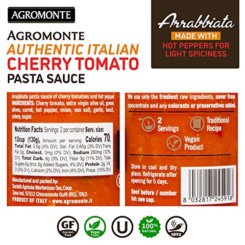 Agromonte Authentic Italian Cherry Tomato Pasta Sauce (Arrabbiata)- Taste of Italy Gourmet Foodie and Chef Gift - Certified Kosher, Gluten-Free, All Natural, Spicy Sauce 9.17oz (single)