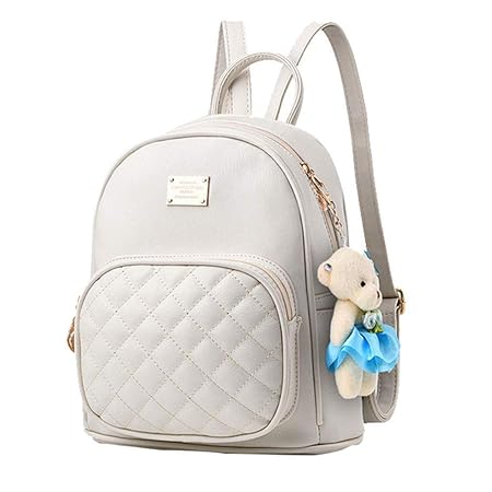 Alice Cute Teddy White Mini PU Leather Backpack Fashion Small Daypacks Purse for Girls and Women
