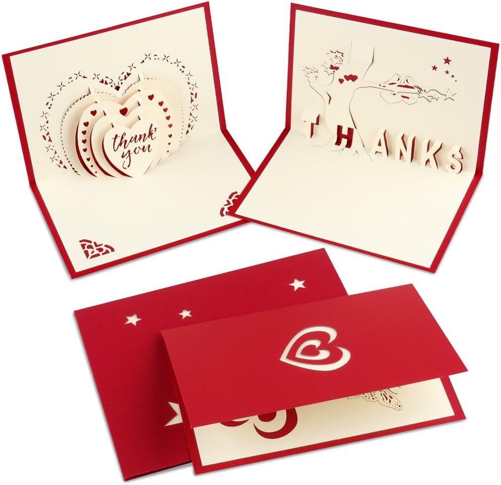 Coogam Pop Up Thank You Cards Set of 4 - Greeting Cards with Envelopes and Stickers Smooth for Writing - Handmade Paper Craft Get Well Soon - Business, Wedding, Graduation, Baby Shower, Thanksgiving