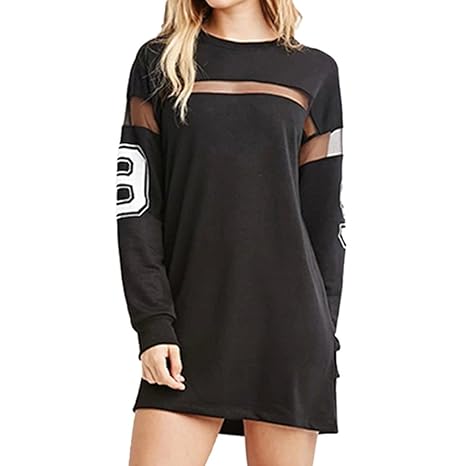 QIYUN.Z Frauen Schwarz Gedruckt Baseball T-Shirt Kleid Spleißen Lange Ärmel Mini-Rock