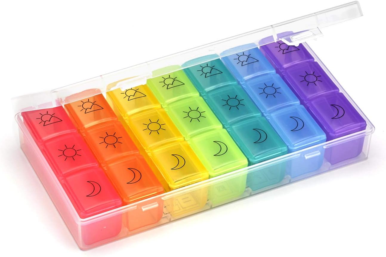 DOSMAMZ 7 Day Pill Organizer, Weekly Pill Box (3-Times-A-Day) with Separate Compartments to Hold Vitamins, Supplements and Medication (Rainbow)