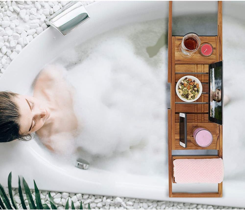 Expandable Bath Tray for Tub with Upgraded Wine Slots and Book Holder Ideal for One or Two