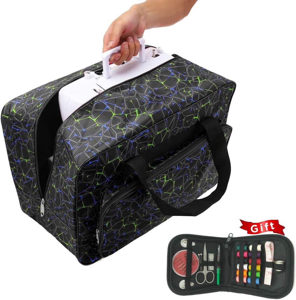 Sewing Machine Tote, Premium Large Sewing Machine Carrying Tote Bag | Free Gifts Sewing Kit Over 45 Premium Sewing Supplies | Universal Sewing Machine Bag with Pockets (Black and Blue)