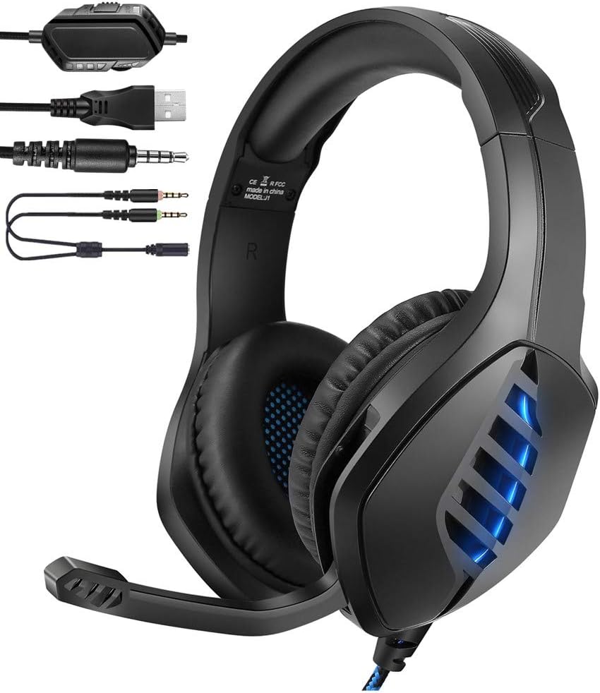 YJY J1 Gaming Headset for PS4,PC, Xbox One Controller,Noise Cancelling Over Ear Headphones with Mic, LED Light, Bass Surround, Soft Memory Earmuffs for Laptop Mac Nintendo Switch Games,Blue: Home Audio & Theater
