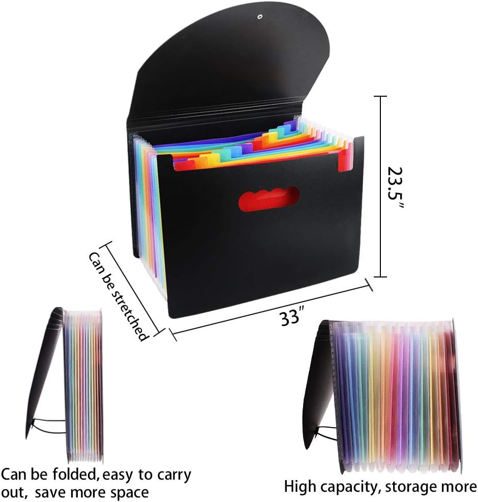 Accordian File Organizer, 12 Pockets Expanding File Folder with Expandable Cover, Portable Filing Box, Desktop Accordion Folders, Plastic Colored Paper Document Paperwork Receipt Organizer(A4/Letter Size) : Office Products