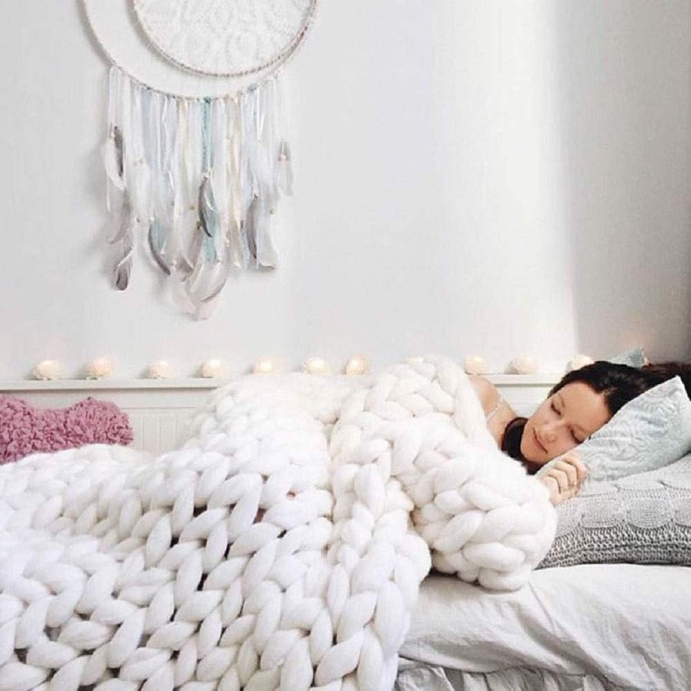 DIRUNEN Chunky Knit Blanket Handmade by Soft Knitting Throw Bed Bedroom Decor Bulky Sofa White 40"×59"